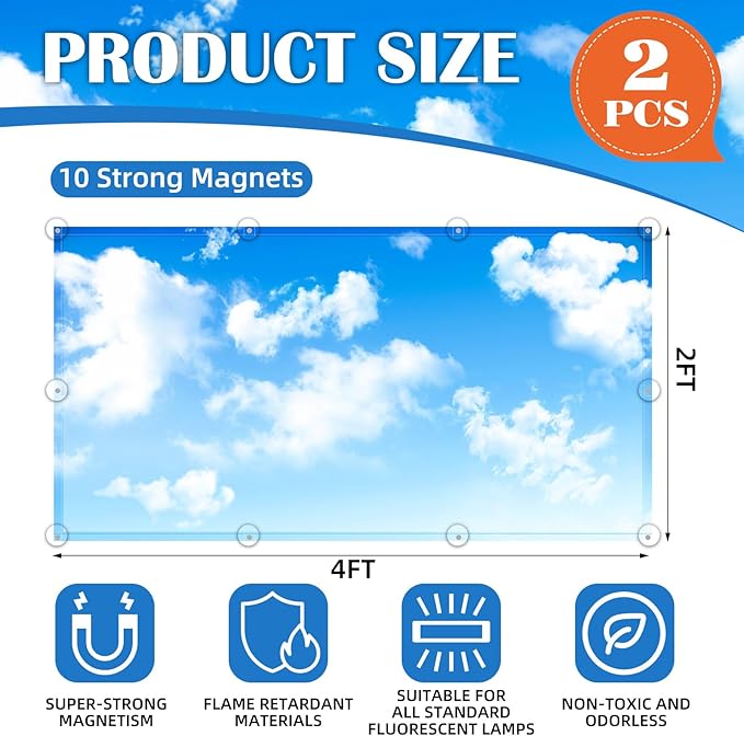 2 Pcs Fluorescent Light Covers - 4 x 2 Feet Covers for Ceiling Lights, Magnetic Light Filters for Classroom, Office, Hospitals, Home