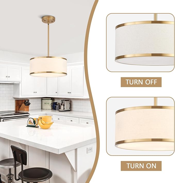 12.6" Drum Pendant Light Fixture 3-Light Gold Chandelier with Fabric Shade for Kitchen Dining Room Island Bedroom