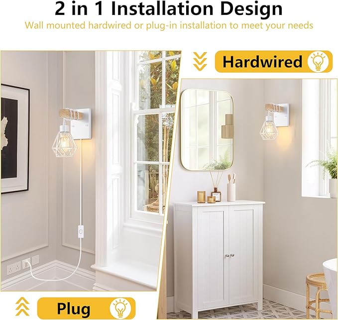 Lomoky White Plug in Wall Sconces Set of Two, Modern Wall Lights with 5.25FT Plug in Cord, Wooden Bedside Wall Lamps with Metal Shade, Industrial Wall Lighting Decor for Living Room, Hallway, Stairs