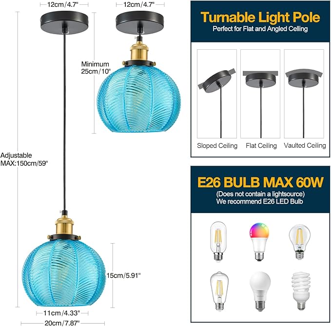 7.8in Vintage Pendant Light 1- Light Kitchen Sink Pendant Lights with Blue Hand Blown Glass Small Hanging Lamp for Kitchen Island Dining Room Bedroom Bathroom Hallway E26