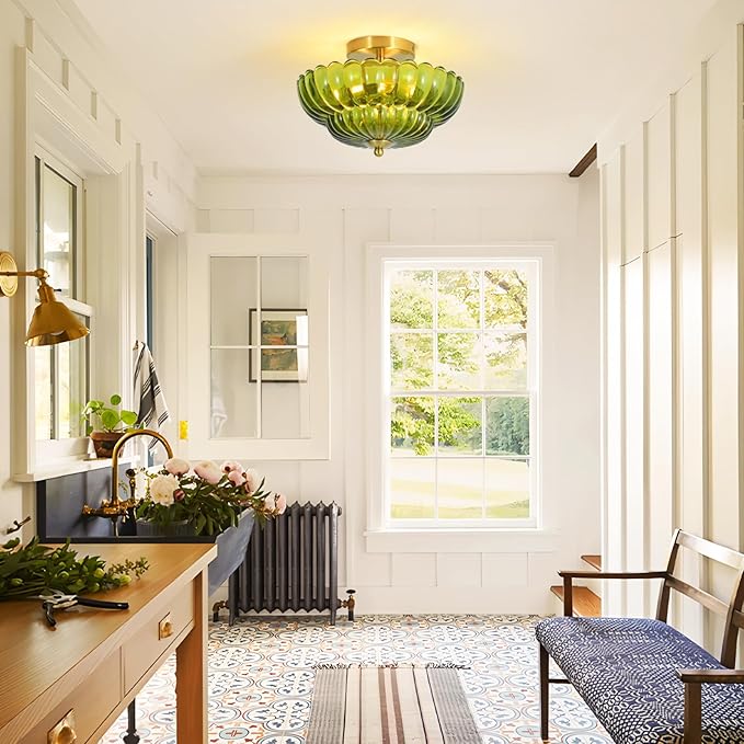 11.8 inch Kitchen Ceiling Light, 3-Light Semi Flush Mount Ceiling Lamp with Flower Glass, Modern Close to Ceiling Light Fixtures for Bathroom Bedroom Hallway Entryway, Green