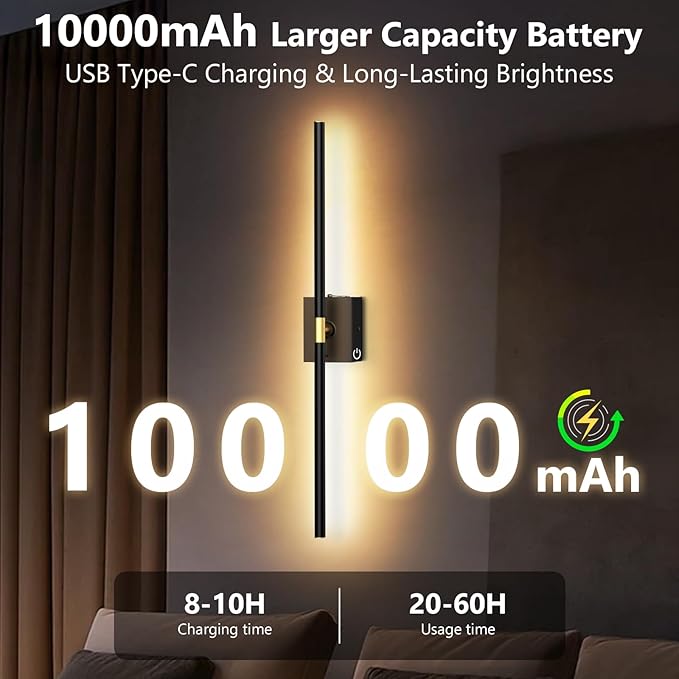 Rechargeable Wall Sconce Set of 2: 10000mAh Battery Operated Wall Sconce with Touch and Remote, 360° Rotate, 4CCT Dimmable Wireless Wall Light LED Wall Lamp for Living Room Bedroom Bathroom, Black