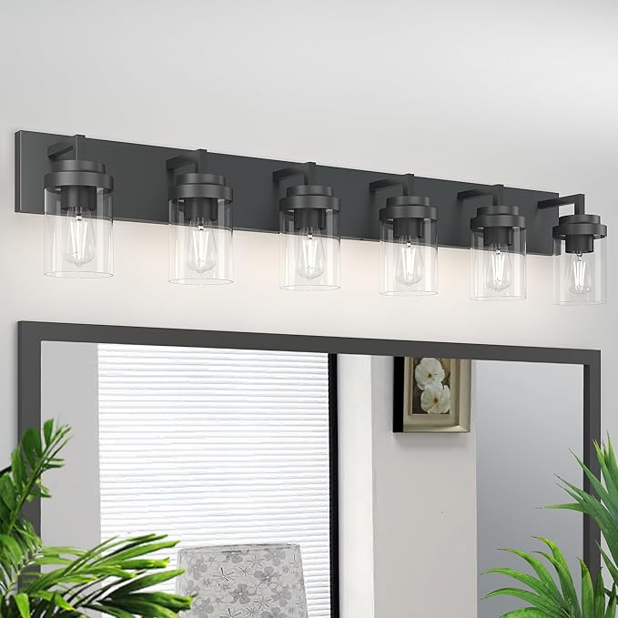 Espird Bathroom Vanity Light, 6 Light Bathroom Light Fixtures Over Mirror, Black Vanity Lights with Clear Glass Shade, Modern Bathroom Light Fixtures for Bedroom, Hallway