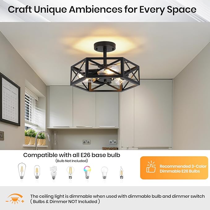Farmhouse Light Fixtures Ceiling Mount, 3-Light Black Semi Flush Mount Ceiling Light Fixture, Close to Ceiling Hallway Lights, Industrial Rustic Ceiling Lights for Bathroom, Entryway, Kitchen