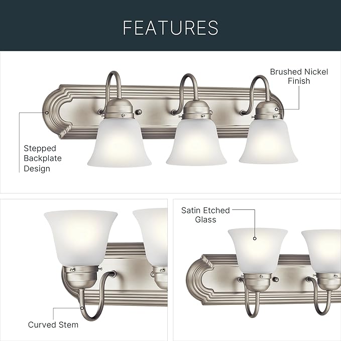 Kichler 24" 3-Light Vanity Bath Light in Brushed Nickel, Modern Bathroom Light with Clear Satin Etched Glass, (24" W x 8" H), 5337NIS