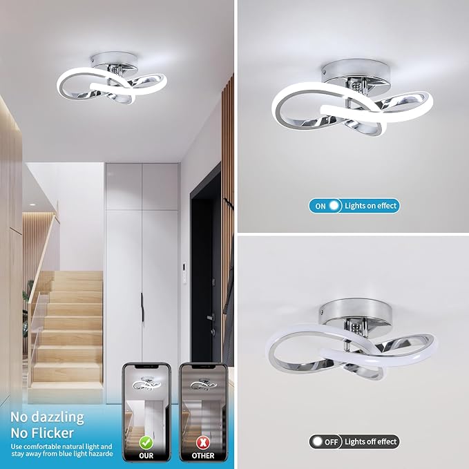 Modern LED Ceiling Light, 22W LED 6500K Cool White Spiral Design Hallway Ceiling Light Fixtures for Corridor Aisle Balcony Kitchen(Silver)