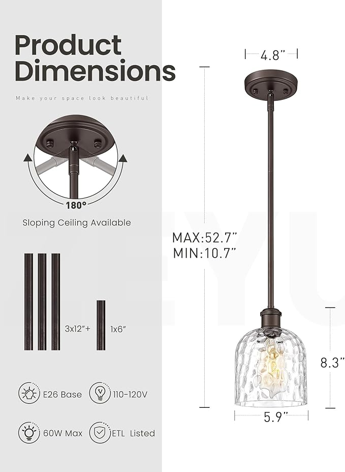 zeyu Large Kitchen Pendant Lightings, Hanging Ceiling Lights Fixtures Kitchen 2 Pack, Adjustable Hanging Lights with Clear Hammered Glass, Oil Rubbed Bronze Finish, ZJF63MIL-L-2PK ORB