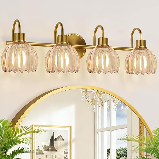 4-Light Bathroom Light Fixtures, 27" Brushed Gold Vanity Lights for Bathroom with Ribbed Amber Tulip Glass Shade, Vintage Bathroom Vanity Lighting Fixtures Over Mirror for Bedroom Living Room Hallway