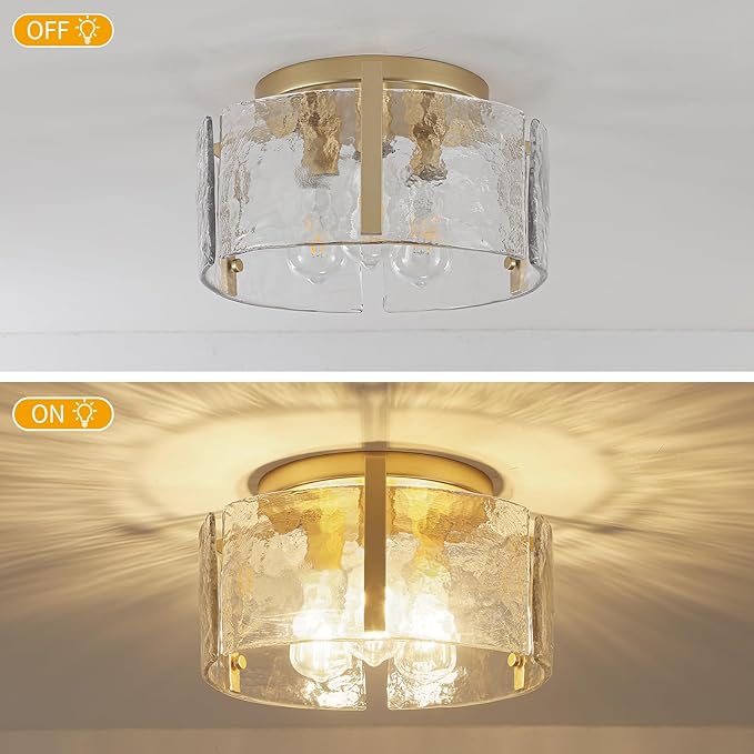 15'' Modern Gold Semi Flush Mount Ceiling Light, 3-Light Glass Drum Light Fixtures, Ceiling Lights for Hallway Entryway Foyer Bedroom Kitchen Island Dining Room Laundry Room Bathroom Lighting Fixture