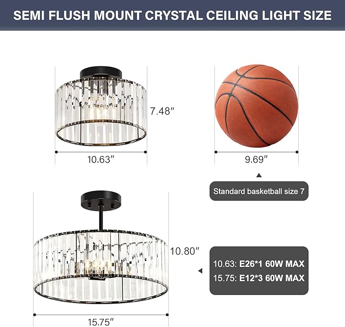 Modern Black Semi Flush Mount Ceiling Light Crystal 3-Light Light Fixture 15.75 Inch Kitchen Ceiling Lighting for Living Room Bedroom Dining Room Bathroom Entryway(Bulb Not Included)