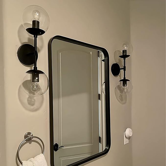 KoKo&Yukina Mid Century Modern Bathroom Vanity Light Matte Black Clear Glass Globe Vanity Light Fixtures Globe Sconce 2-Light Bathroom Lights Wall Fixtures Mid Century Wall Sconce
