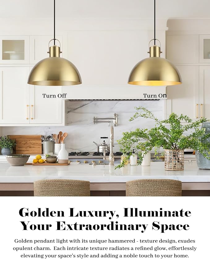 Gold Pendant Light 2 Pack, 11.8 Inch Pendant Lights Kitchen Island, Dome Pendant Lights, Farmhouse Pendant Light for Kitchen Island, Dining Room, Living Room