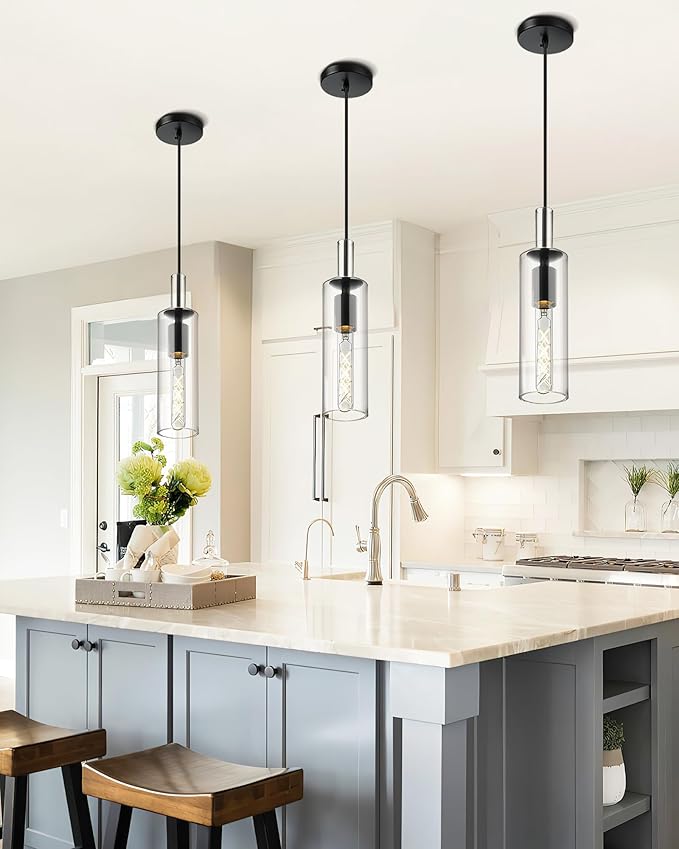 AUTELO Modern Pendant Lights, 1-Light Glass Pendant Light, Industrial Hanging Light Fixtures in Black Metal Finish with Clear Glass, Kitchen Pendant Lighting Over Island for Dining Room, H3875 BK