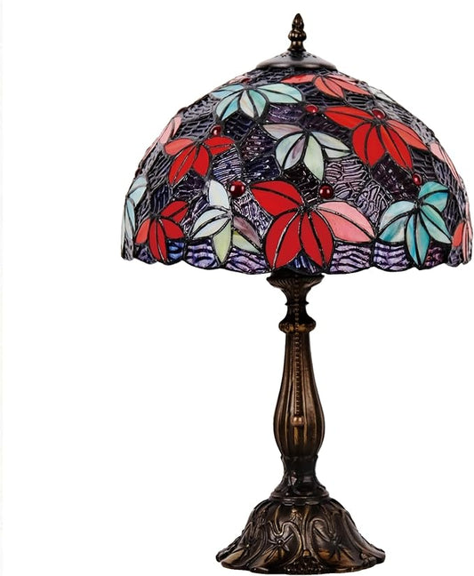 Tiffany Style Stained Glass Table Lamp, Maple Leaf Desk Light with Antique Bronze Resin Base, Multicolor Reading Lighting for Bedroom, Living Room, Office 12”X12“X19 (Maple-Purple Blue)