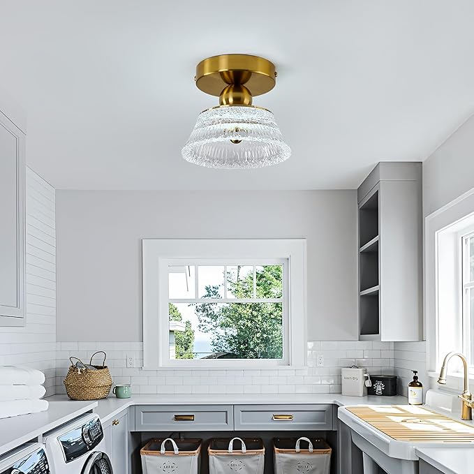 CVKASH Mini Gold Semi Flush Mount Ciling Light LED Modern Hallway Light Fixture Acrylic Close to Ceiling Lamp for Kitchen Living Room Bathroom Entryway Bedroom