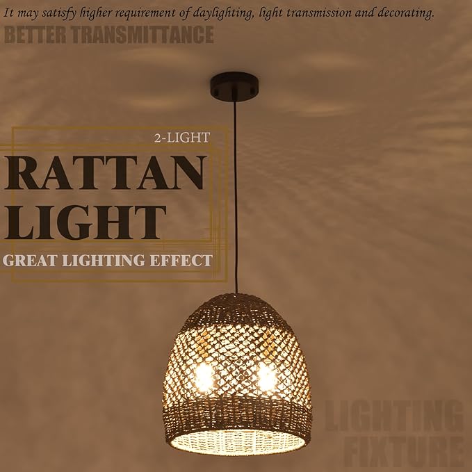 2-Light 13” Rattan Pendant Light, Boho Hand-Woven Light Fixtures, Natural Seagrass Wicker Rattan Hanging Chandelier for Farmhouse Kitche Dining Living Bedroom Foyer