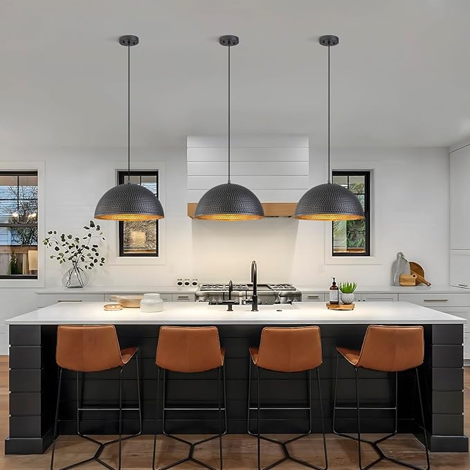 15.7" Farmhouse Pendant Lights Kitchen Island,Black and Silver Hammered Large Industrial Chandelier,Adjustable Metal Dome Pendant Lights for Dining Room,Bedroom,Hallway