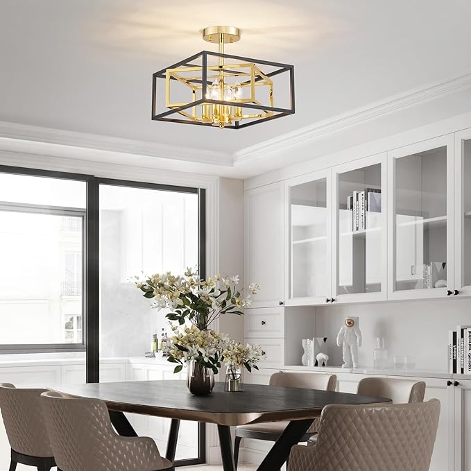 Square Ceiling Light, 4-Light Flushmount Modern Close to Ceiling Light Fixture for Living Room, Bedroom, Dining Room, L13 x W13 x H10 inch, Black & Brass Finish Frame