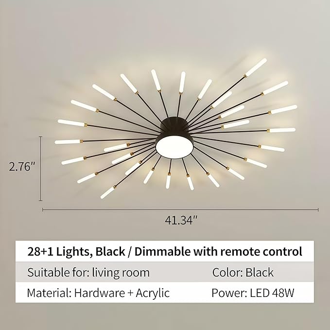 Modern Ceiling Light LED Flush Mount Ceiling Light for Living Room,Kitchen,Dining Room,Bedroom Fireworks Design Dimmable with Remote Control & Memory Function Lighting Fixture (Black,28 Light)
