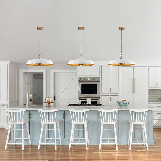 20 Inch Modern Large Pendant Lights, 3-Lights White and Gold Metal Dome Chandelier, Mid Century Pendant Lighting Fixture Ceiling Hanging Light for Kitchen Island, Dining Room Over Table, Bar