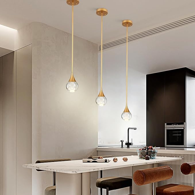 1-Light Teardrop Crystal Pendant Light, Brass Gold Globe Ceiling Hanging Light Fxitures, LED Raindrop Light Fixtures Metal Rod Ceiling Glass Pendant Lighting for Kitchen Island Dining Room Bar