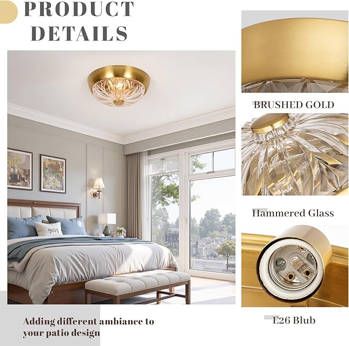 Gold Semi Flush Mount Ceiling Light, 2-Light Modern Close to Ceiling Light Fixture, Aluminum Glass Indoor Outdoor Ceiling Lamp for Bedroom Kitchen Hallway Foyer