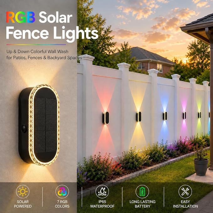 Herzila 6 Pack Solar Fence Lights Outdoor, RGBW Solar Wall Lights Waterproof Top and Bottom Lighting Solar Powered for Garden/Pool Cage/Patio/Wall (2 Installation Modes)