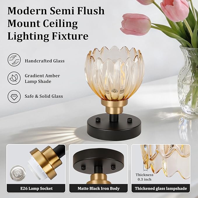 TALOYA Semi Flush Mount Ceiling Light, Close to Ceiling Light Fixtures with Amber Tulip Glass Shades Modern Farmhouse Lighting Fixtures for Hallway Corridor Kitchen Bathroom Bedroom Passway