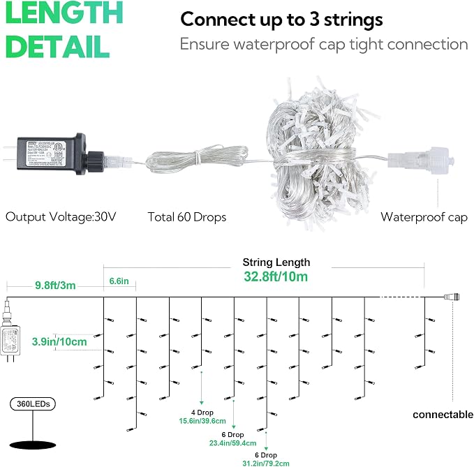 Hopolon Green Christmas Icicle Lights, 33FT 360 LED 60 Drops | Waterproof connectable curtain string lights with 8 modes and memory, for outdoor St. Patrick’s Day, party, holiday decor