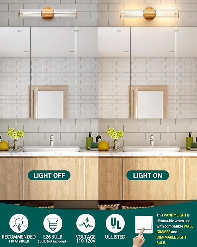 Bathroom Vanity Lighting Fixture, 2-Light Wood Grain Wall Sconce Light Fixture with Clear Glass, E26 Socket Indoor Wall Lamp, Modern Wall Sconce for Mirror Living Room, 2 Pack