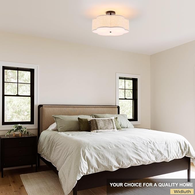 18" Semi Flush Mount Ceiling Light 3-Light Modern Linen Drum Ceiling Lighting with Chrome Finish, Vintage Ceiling Light for Living Room, Kitchen, Basement, Laundry Room, Bedroom