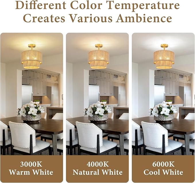 3-Light Boho Light Fixtures Ceiling Mount, 12.6" Rattan Semi Flush Ceiling Light with 2-Tier Shade, Rustic Hand-Woven Chandelier for Hallway Kitchen Foyer Farmhouse Bedroom