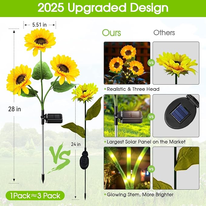 KOOPER Solar Lights Outdoor Decor - Upgraded 8 Pack Solar Garden Lights with 24 Bigger Sunflower Lights, Waterproof Solar Outdoor Lights Auto ON/Off Solar Decorative Lights for Garden, Patio, Yard