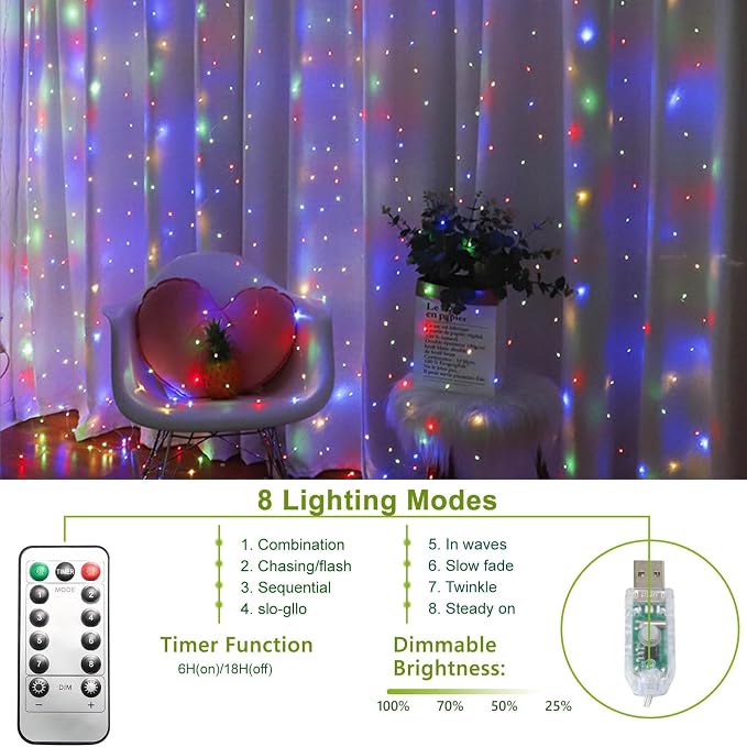 300 LED Curtain String Lights, Fairy Lights with 8 Light Modes, 9.8x9.8Ft Remote USB Plug Fairy String Lights for Christmas, Bedroom, Indoor, Outdoor, Weddings, Party, Camping Decor (Multicolored)