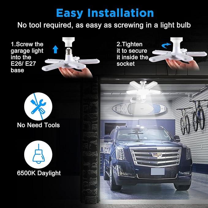 LED Garage Lights, 80W LED Garage Ceiling Lights with 5 Deformable Panels, 8000LM LED Shop Lights for Garage E26/E27 LED Light Bulbs for Garage, Workshop, Warehouse (2 Packs)