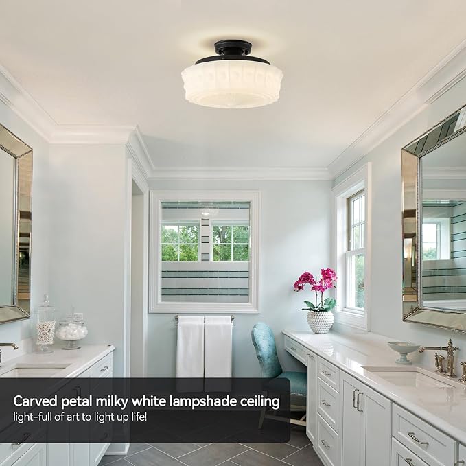 youngrender Schoolhouse Light Fixture Modern Black Flush Mount Ceiling Lighting 14" Milk White Glass Shade Vintage Ceiling Light for Farmhouse Kitchen Hallway Entryway