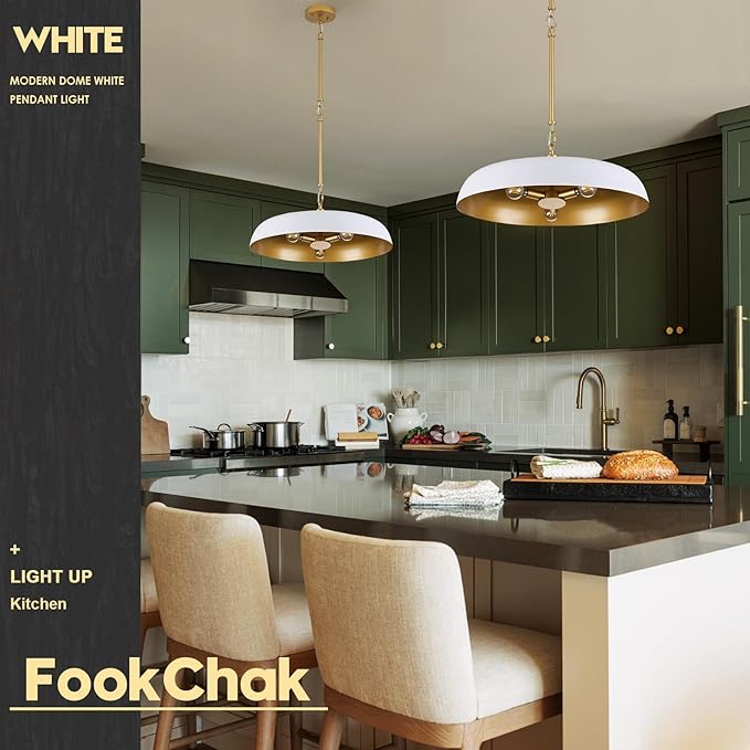 Large Pendant Light 20in White and Gold Dome Pendant Lights 3 Light Socket Pendant Light Fixture with Adjustable Pendant Lighting for Kitchen Island Dining Room Kitchen Sink, E12