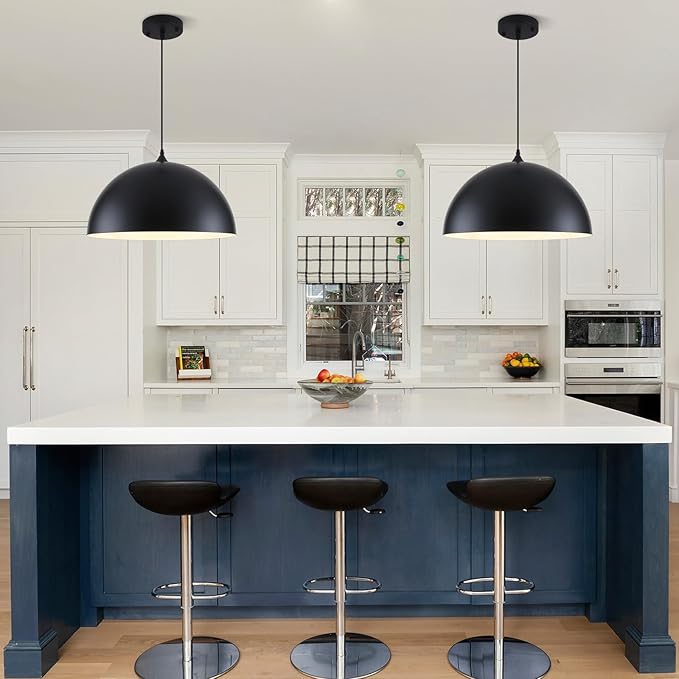 Large Pendant Lights Kitchen Island, 19.7 Inch Black and White Dome Pendant Light，Black Farmhouse Pendant Light, Modern Industrial Kitchen Pendant Lighting Over Island, Dining Room, 2 Pack
