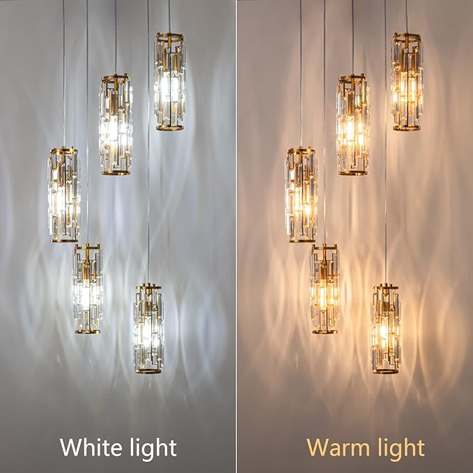 LMQNINE Pendant Light, Gold Modern Pendant Light Fixtures, Mini Crystal Chandeliers, Adjustable 5-Light Pendant Lighting for Kitchen Island Dinning Room Bedroom (Gold 5-Light)