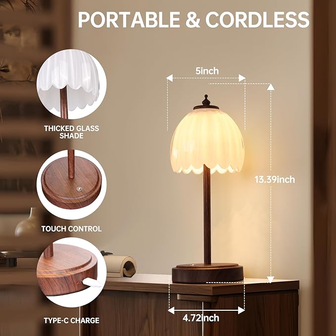 Shenmoyl Tulip Table Lamp with 5200mAh Battery & Touch Control, Small Cordless Table Lamp with 3 Colors, Rechargeable Battery Operated Table Lamps for Bedroom, Desk, Bedside (White-Walnut Color)