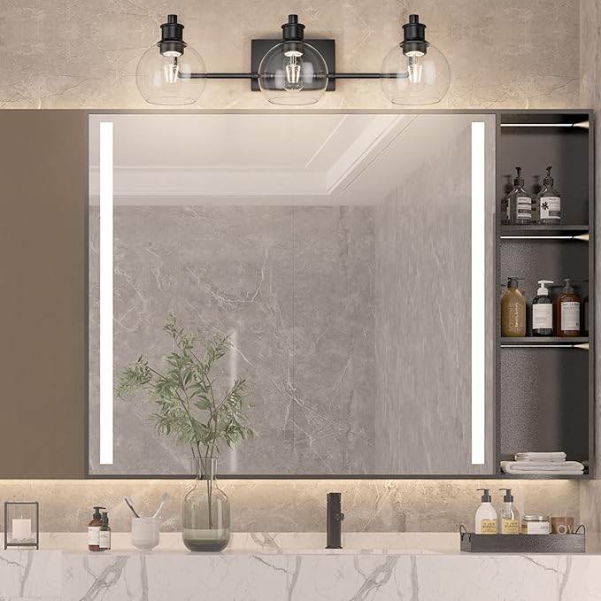 Tipace Black Vintage Bathroom Vanity Light Fixtures Over Mirror Glass Globe 3 Lights Industrial Vanity Lights Farmhouse Bath Lighting(Exclude Bulb)