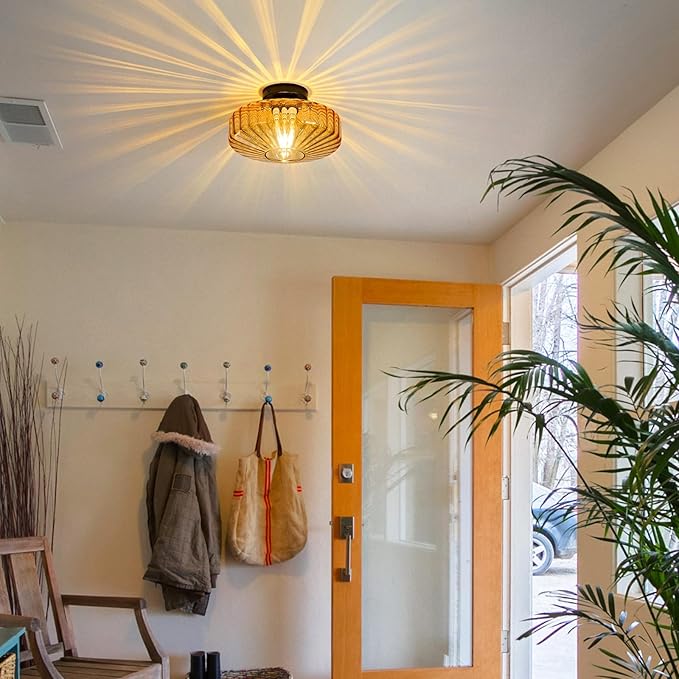 Glass Semi Flush Ceiling Lights - 12 in Vintage Mid Century Modern Lighting Fixture - Drum Unique Art Deco Amber Mount Light Fixtures for Hallway Entry Way Hall Kitchen Dining Laundry Room Foyer Porch