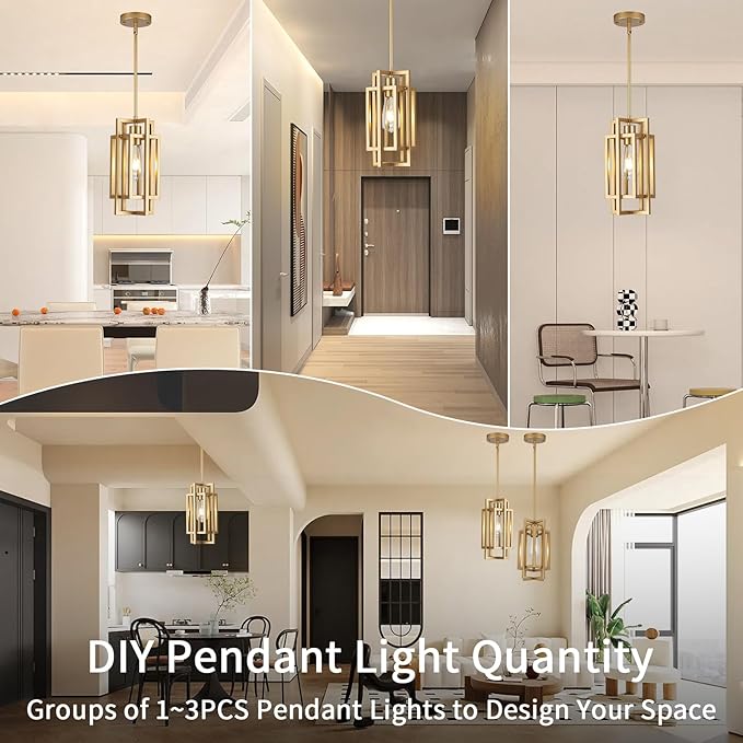 Farmhouse Pendant Light Fixtures, Gold Modern Pendant Lights 59'' Adjustable Small Square Pendant Ceiling Hanging Light for Kitchen Island Dining Room Entryway