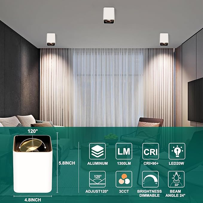 OKELI White Modern LED Dimmable Ceiling Light Fixtures for Hallway Kitchen Entryway, 20W 1300LM 2700K-6000K Flush Mount Close to Lighting, Cuboidal Ceiling-Lamps 3pack