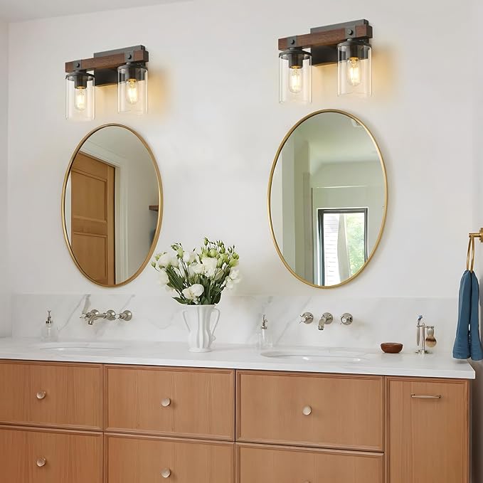 GoYeel Farmhouse Vanity Lights for Bathroom, Wooden Rustic Vanity Lighting fixtures 2-Light Bathroom Lights Over Mirror Vintage Wall Sconce Lighting with Clear Glass Shade for Bedroom Hallway