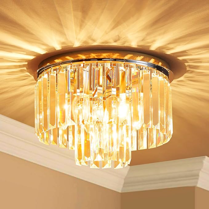 AGV LIGHTING CL006S Crystal Ceiling Light Fixture, Modern Semi Flush Ceiling Light, D12 x H8, E12 Base 3-Lights, Chrome Finish