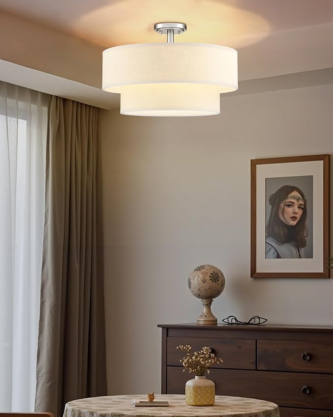 4 Light Semi Flush Mount Close to Ceiling Light Fixture,Cream Linen Fabric Shade Brushed Nickel Finish 20 inch for Bedroom,Living Room,Dining Room Hallway