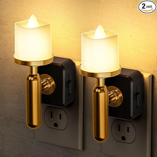Briignite Flameless Candle Night Light, Night Lights Plug into Wall, LED Candle Night Light with Light Sensor, 0-100LM Dimmable Nightlight Plug in, 3000K Soft White Nightlight for Bathroom, 2 Pack