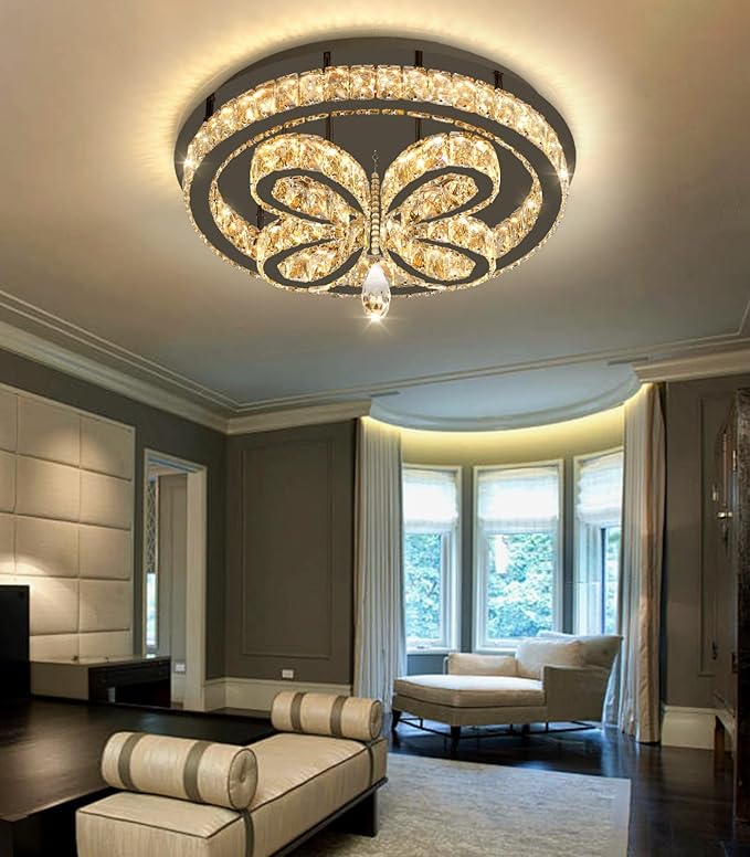 20'' Modern Crystal Chandelier LED Dimmable Flush Mount Ceiling Light Pendant Light for Living Room Bedroom Dining Room Black