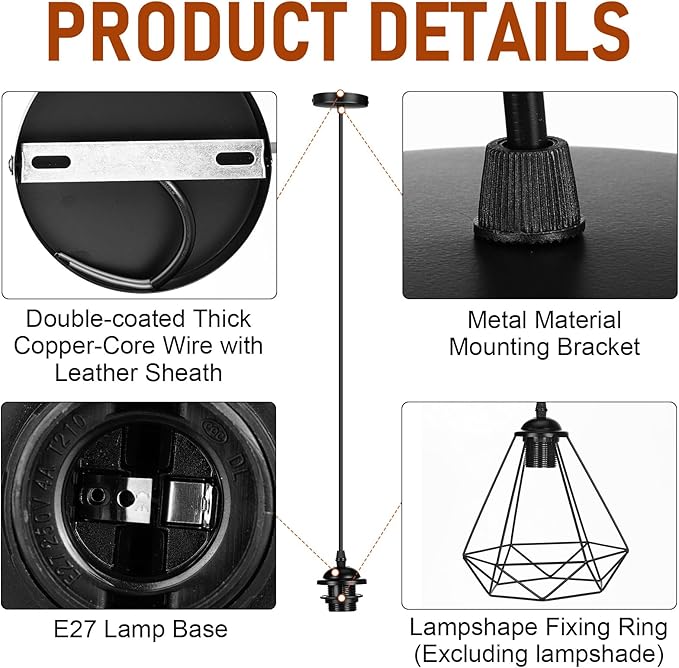12 Pack Industrial Mini Pendant Light Kit Bulk, UL E26/E27 Lamp Socket 3.28 ft Adjustable Hanging Light Cord Kit Edison Vintage Retro Ceiling Lamp Fixture for Kitchen Bar Decor(Black)